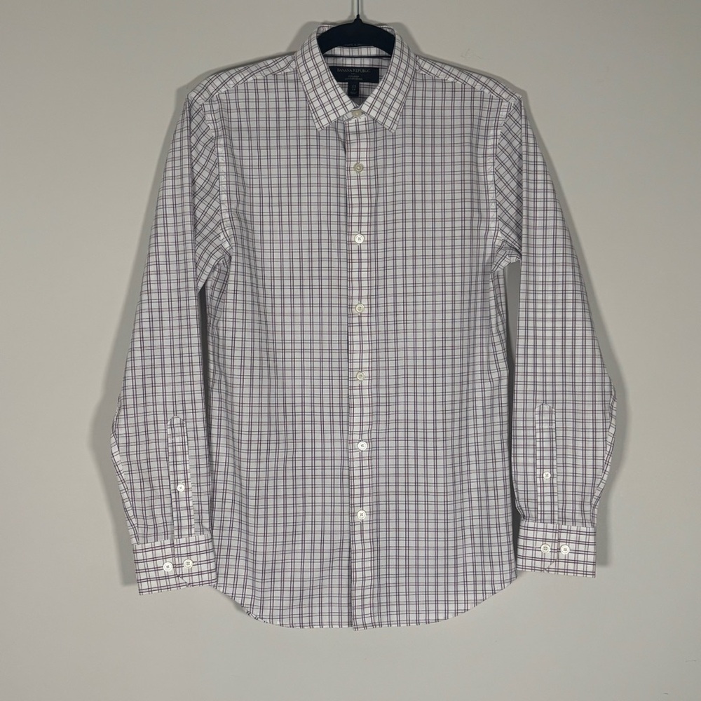 Banana Republic Slim Fit Non-Iron Pink & Blue Plaid‎ Dress Shirt XS